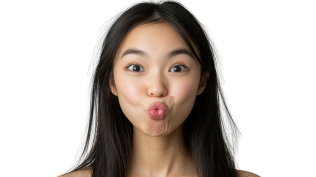 Young asian woman puckering lips and sending a kiss on transparent background - Powered by Adobe