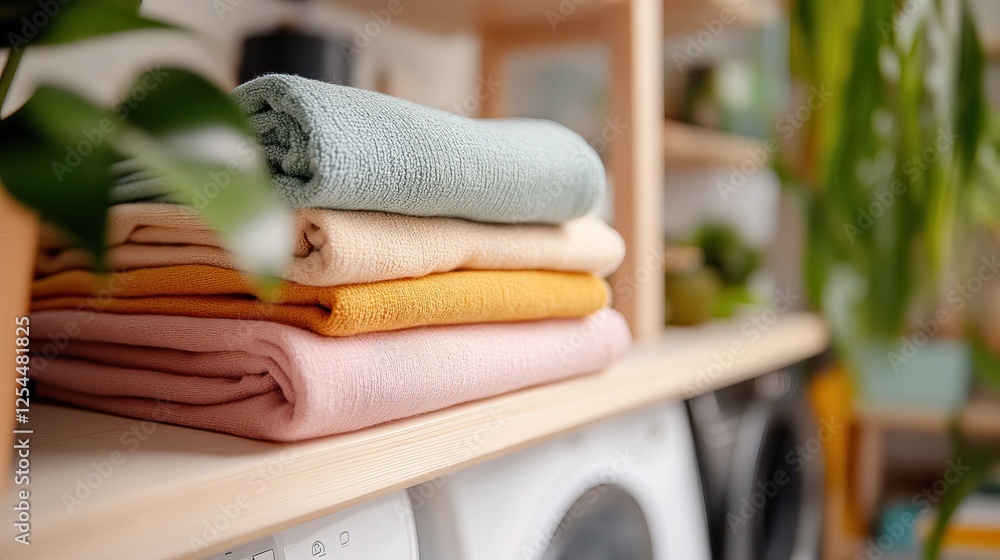 Poster a neat stack of colorful towels sits on a wooden shelf, surrounded by greenery, creating a cozy and 