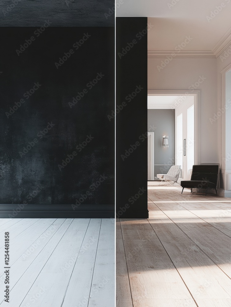 Poster contrast between outdated dark interiors and bright modern renovated design showcasing transformatio