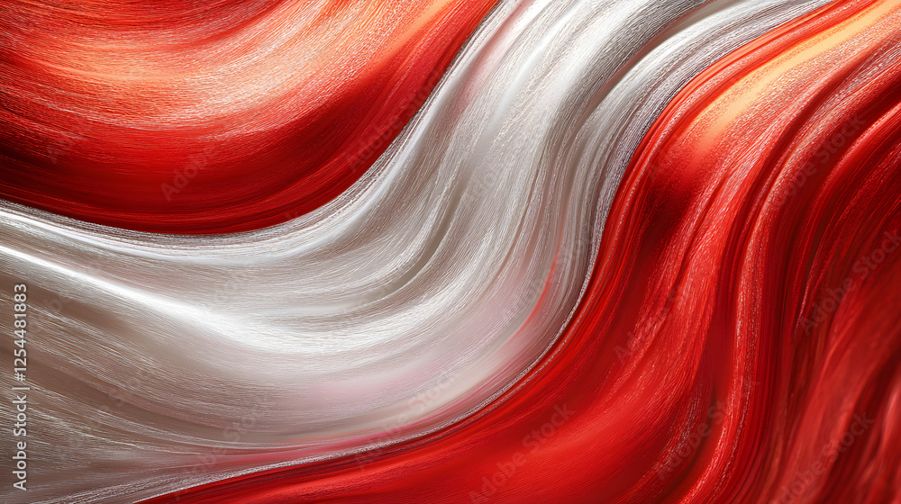 Poster close up of a red and white swirling pattern with glowing elements on a dark background