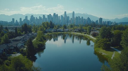 Fototapeta premium Cityscape reflection, tranquil lake, suburban homes, mountain backdrop, aerial view