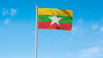 High detailed flag of Myanmar. National Myanmar flag. Asia. 3D illustration.