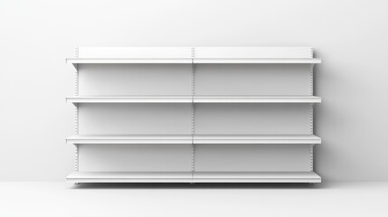 Empty store shelves against white wall; mockup for retail display