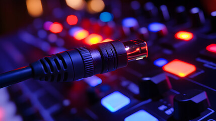 A close-up of a microphone cable connected to a colorful audio mixing board with illuminated buttons and knobs, creating a vibrant atmosphere