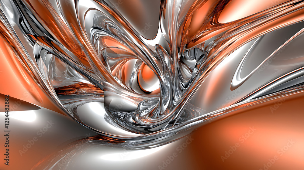 Poster abstract orange and silver swirl design with glowing effect and intricate patterns in a visually str