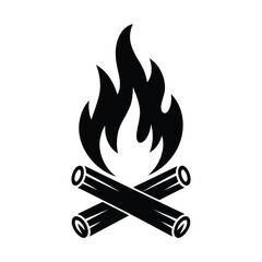 Campfire Icon – Black Silhouette Vector of Burning Fire with Logs