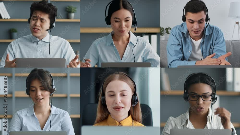 Poster a group of six individuals is actively participating in virtual meetings, showcasing various express