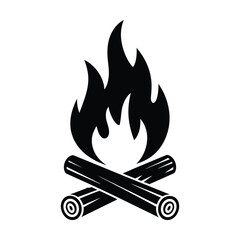 Campfire Icon – Black Silhouette Vector of Burning Fire with Logs