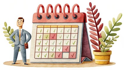 A businessman stands beside a colorful calendar filled with check marks, symbolizing productivity and organization, complemented by decorative plants.