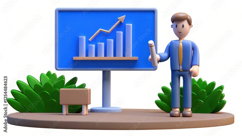 Poster a 3d character presents a growth chart on a screen, symbolizing progress and success in business or 