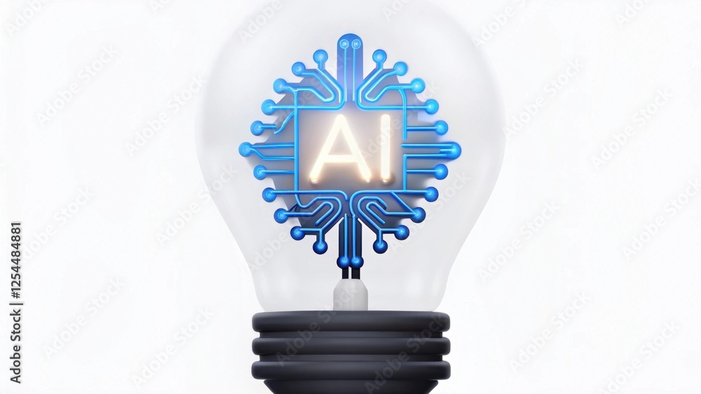 Poster a modern light bulb with a circuit pattern, featuring the letters 