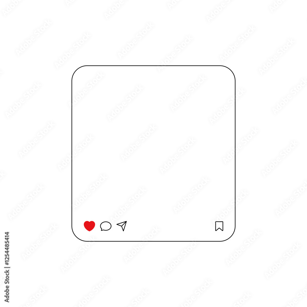 Aufkleber social media post mockup line frame template with like, comment, share and save icons, feed post mock up. vector user interface template. social media interaction icons, notifications symbols