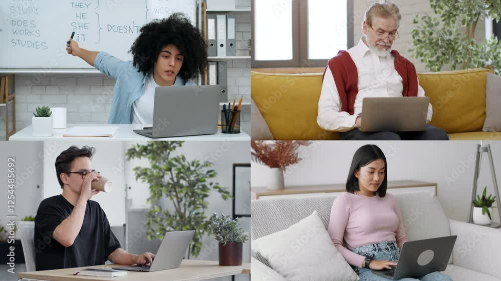 Poster four people participate in remote learning activities at home, each focused on their laptops in diff