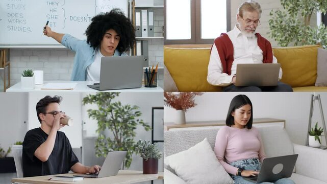 Four people participate in remote learning activities at home, each focused on their laptops in different settings, showcasing modern education methods across various age groups.