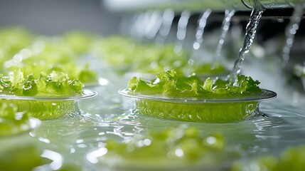 pipes delivering a steady flow of water to floating trays filled with vibrant lettuce, with sensors monitoring moisture levels in the background 