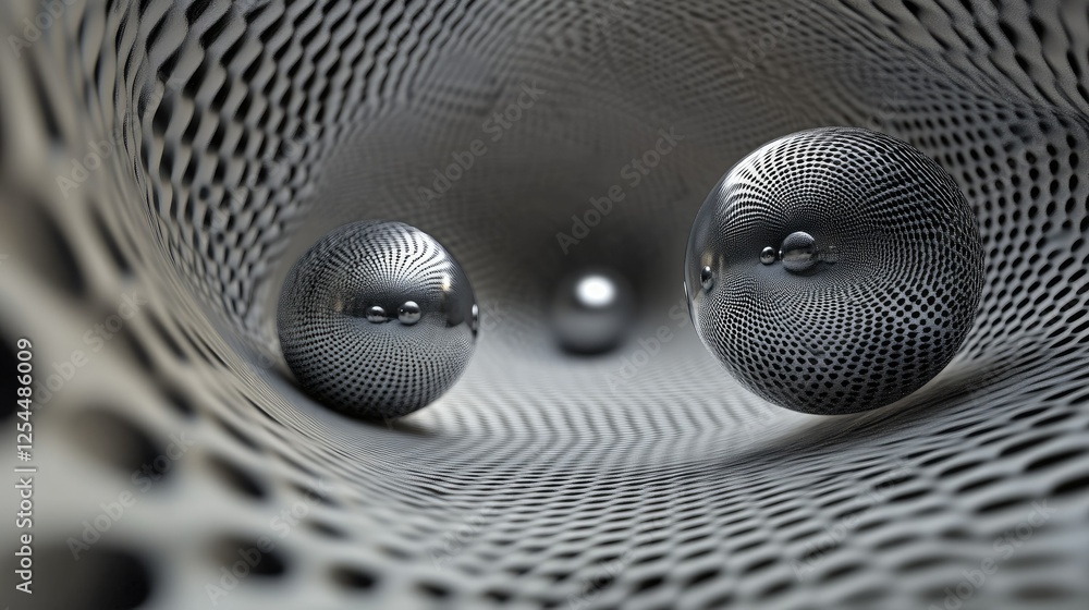 Poster abstract design of metallic spheres in a wavy pattern tunnel