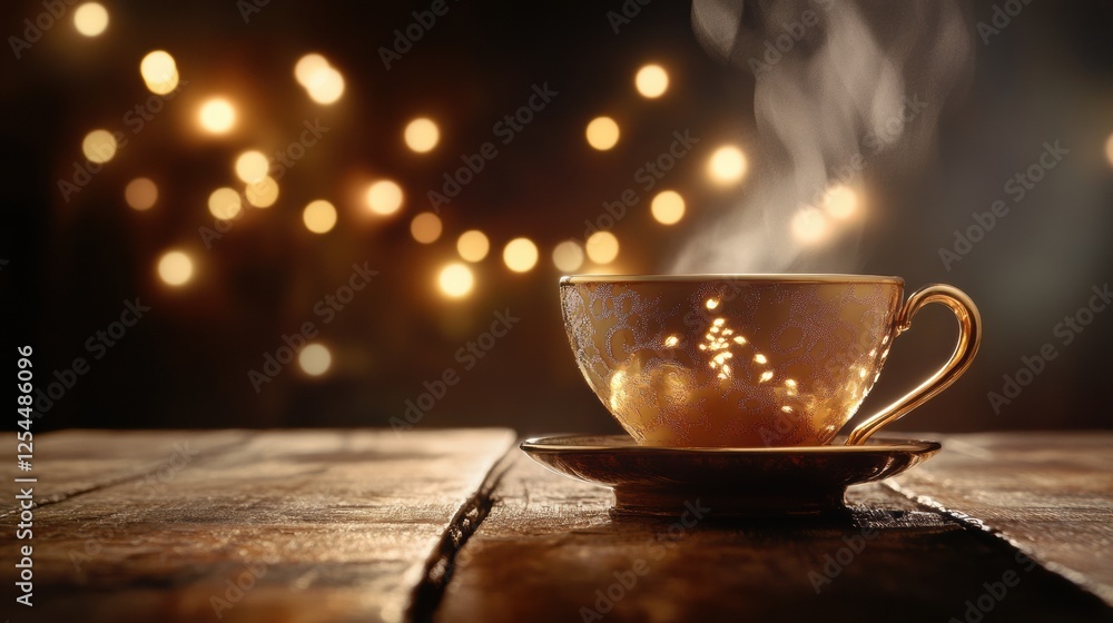 Aufkleber cozy coffee cup with steam on rustic wooden table in softly lit setting perfect for relaxation. gene