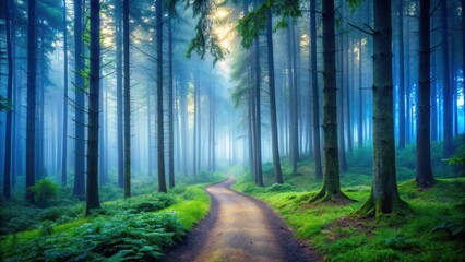 Obraz premium Winding path through a dense forest at dusk with tall trees and mist, peaceful, foliage, peaceful, foliage, pathway
