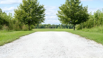 Obraz premium Gravel road leads to green field, trees framing path. Landscapes use