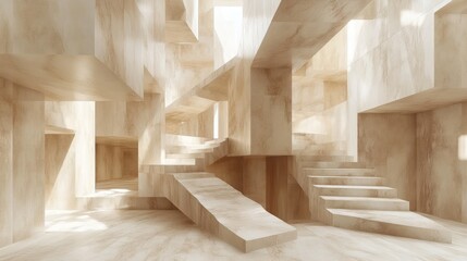 Abstract beige stone building interior, sunlight, stairs, architectural design, background, modern