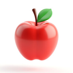 Glossy red 3D apple with a green leaf, isolated on white. Represents healthy eating, fruit, and nature. Suitable for food-related designs, educational materials, and icons.