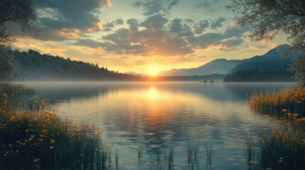 Fototapeta premium Calm lake sunset, misty mountains, serene landscape, idyllic nature scene, postcard