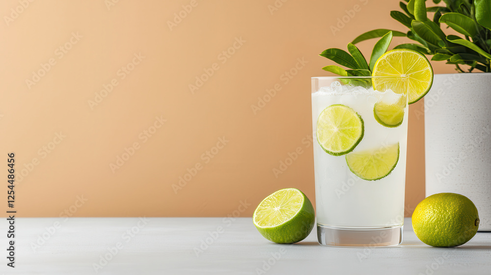 Poster refreshing glass of lime drink with ice, garnished with lime slices, surrounded by fresh limes and p