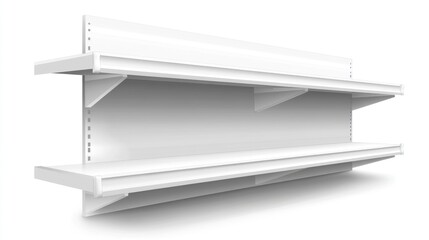 Empty white retail shelves, store display, product placement, marketing