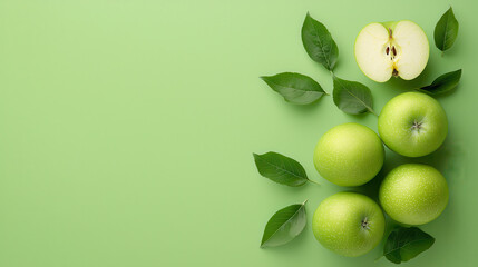 Fresh green apples with leaves on vibrant green background, showcasing their natural beauty and freshness. Perfect for healthy eating and vibrant presentations