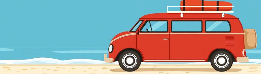 Red van on beach, ocean background, summer vacation travel