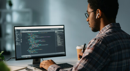 A man is sitting at a desk with a computer monitor and a cup of coffee