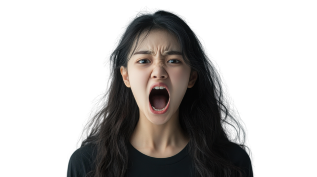 Young woman shouting with transparent background: furious expression and intense emotion