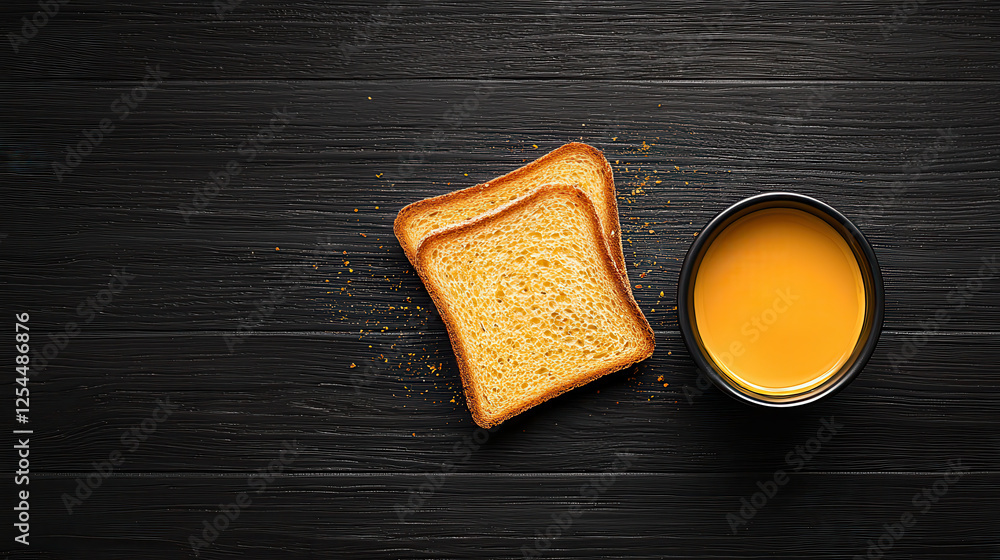 Poster Toasted bread slice with cup of orange juice on dark wooden surface, creating warm and inviting breakfast scene