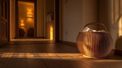 Sunlit hallway basket towels interior design home