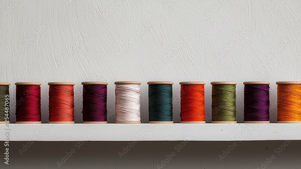 Poster close up of neat row of spools featuring multicolored thread, showcasing vibrant hues and textures. 