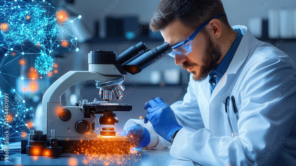 Poster scientist examines samples under advanced microscope, showcasing intricate details and vibrant data 
