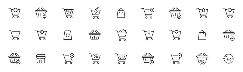 Shopping cart icon set, shopping trolley symbol . Add to shopping cart with arrow down icon , buy and sale , full and empty shopping cart symbols. shopping bag line icons. editable stroke