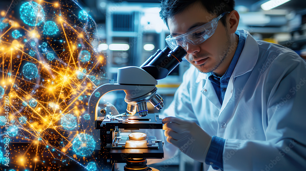 Poster scientist examines samples under advanced microscope, showcasing intricate details of cellular struc
