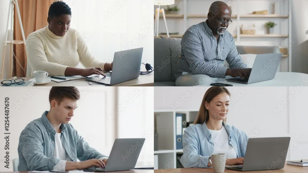 Poster a diverse group of four people engages in focused work on their laptops in a contemporary workspace,