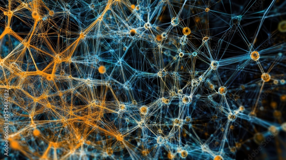 Poster abstract network of colorful lines and dots in dark background