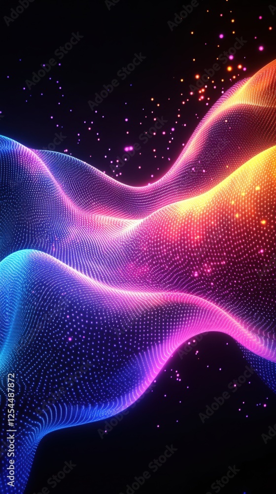 Poster abstract glowing wave with colorful dots on dark background digital art rendering