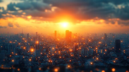 Vibrant sunset over a sprawling cityscape, with glowing lights illuminating the urban landscape.