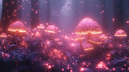 Enchanted forest scene with glowing mushrooms illuminated by ethereal lights and mist