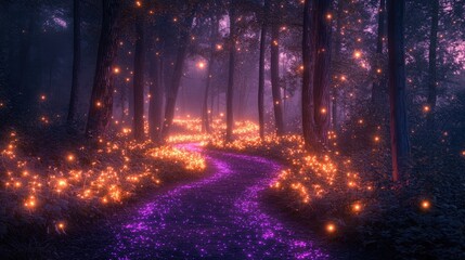 Enchanted forest pathway illuminated by glowing orbs, surrounded by vibrant trees at dusk