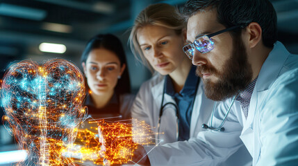 Medical researchers analyze AI generated data with focus on innovation and technology. Their collaboration highlights intersection of healthcare and artificial intelligence