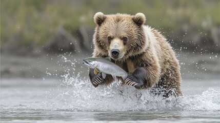 Obraz premium Grizzly bear catching salmon in a river, splashing water, with a lush green background