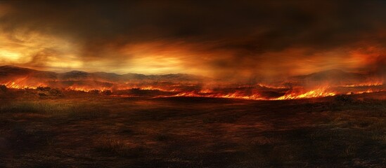 Wildfire raging across plains under dramatic sunset, usable for disaster, climate change, or apocalypse themes