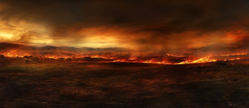 Wildfire raging across plains under dramatic sunset, usable for disaster, climate change, or apocalypse themes