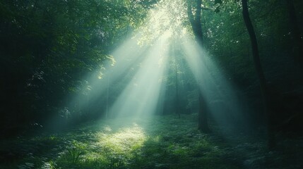 Sunbeams pierce misty forest path, nature backdrop