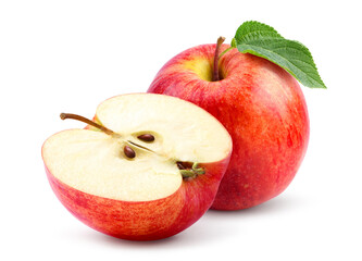 Red apple with cut in half isolated on white background. Clipping path.